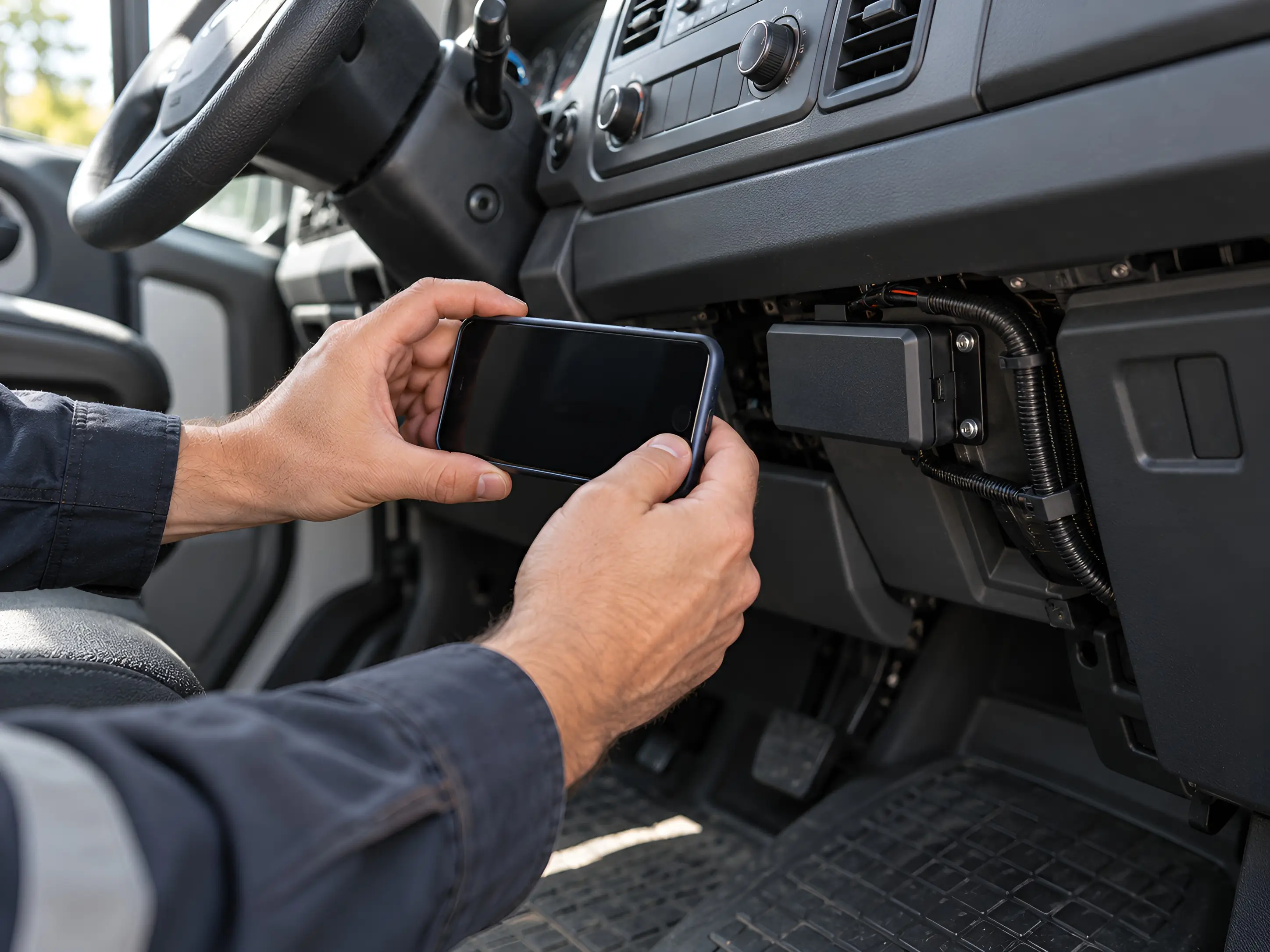 Hands in a navy work shirt holding a smartphone to photograph a small black device mounted under the dashboard of a commercial vehicle