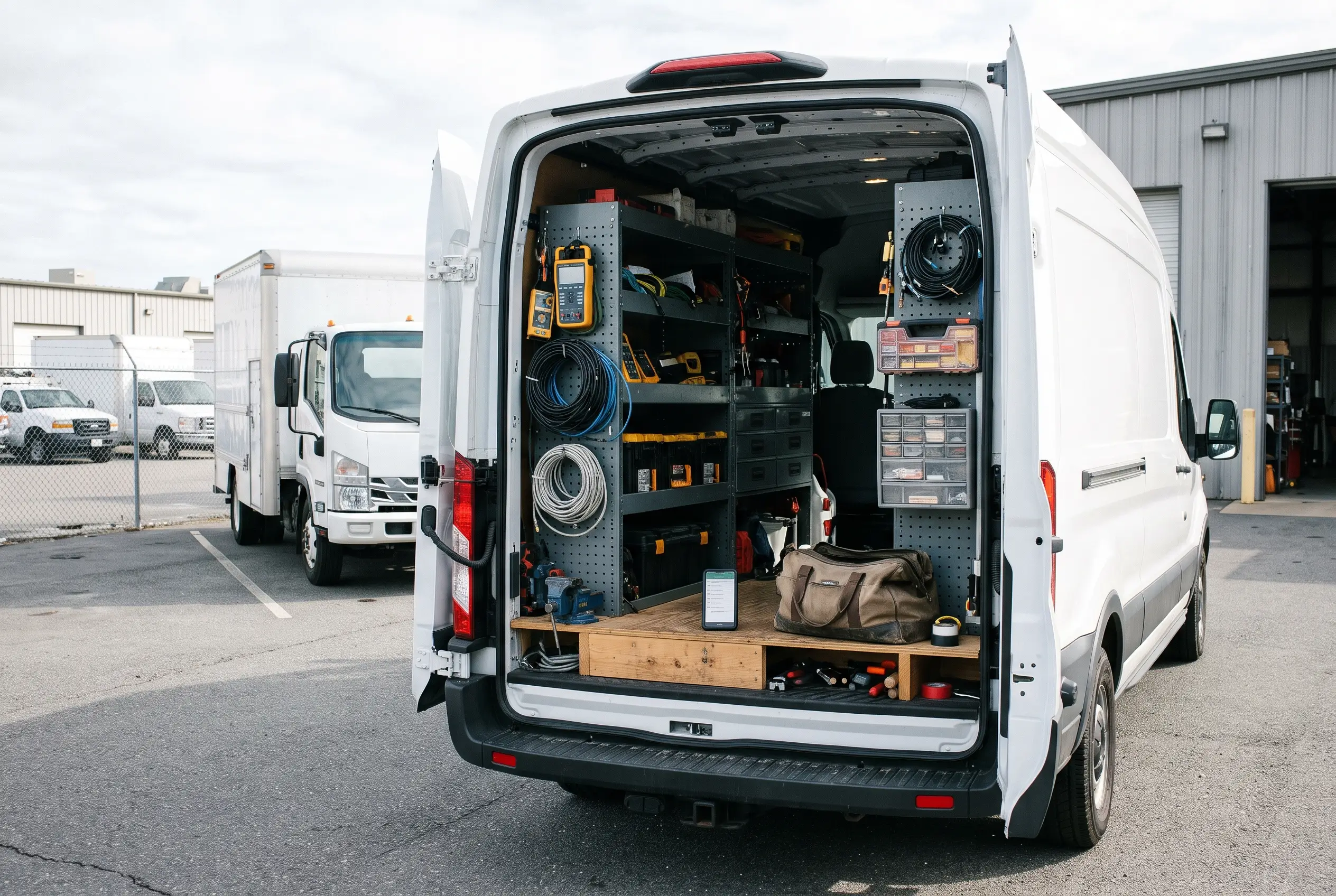 Open work van with shelving, cable, and installation tools organized inside, parked at a commercial yard