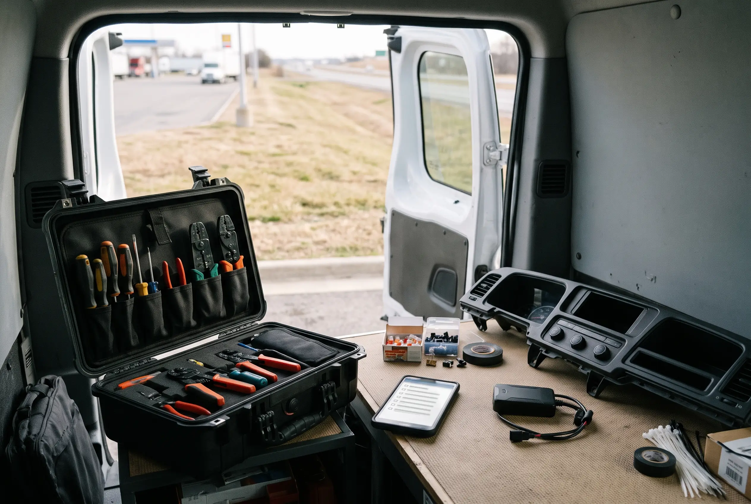 Open work van with a tool case, a tablet showing a checklist, a tracking device with a cable, and a removed dashboard panel on a workbench, parked beside a roadway