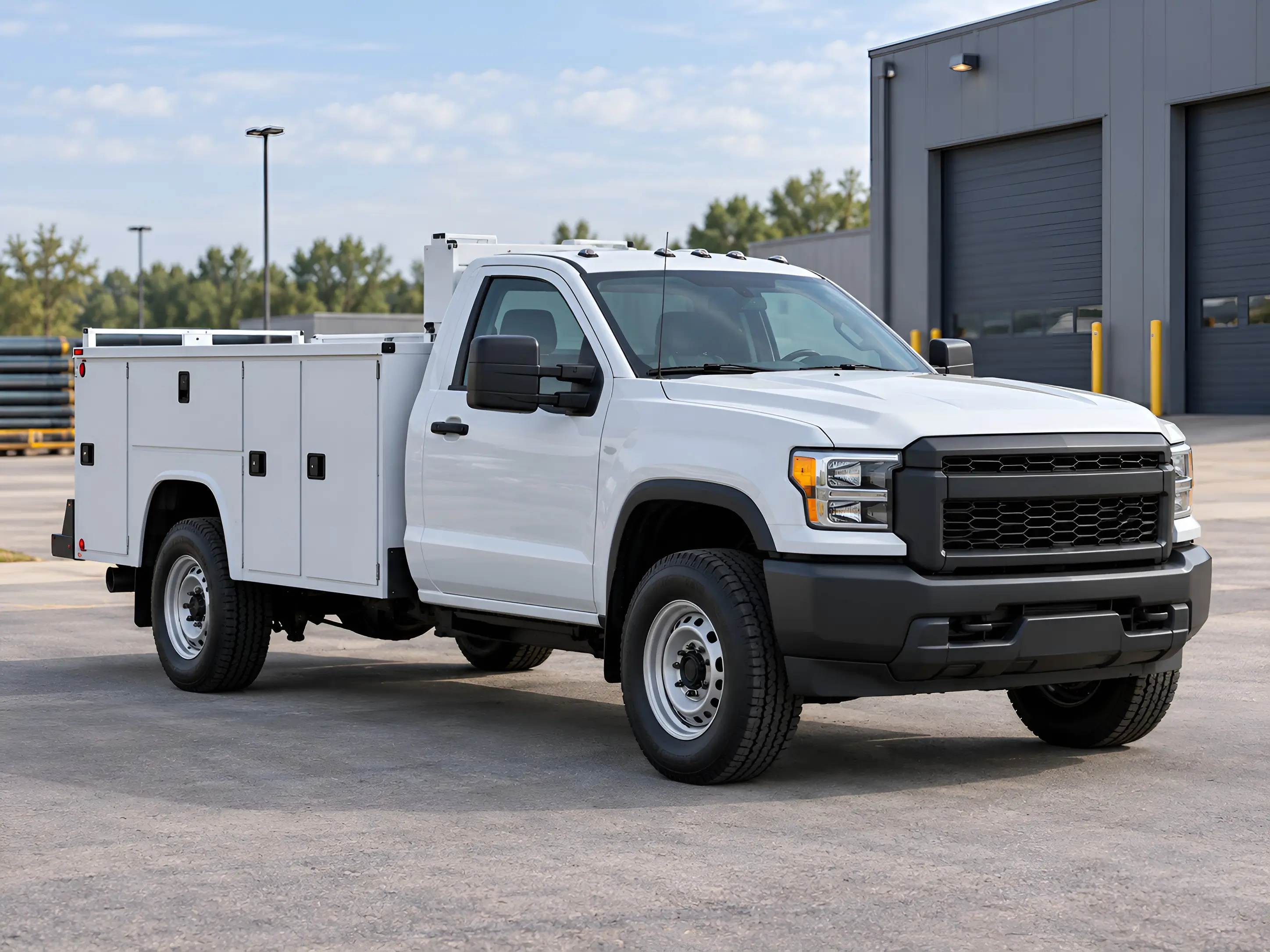 White commercial utility truck with a side-access storage body parked in a fleet yard