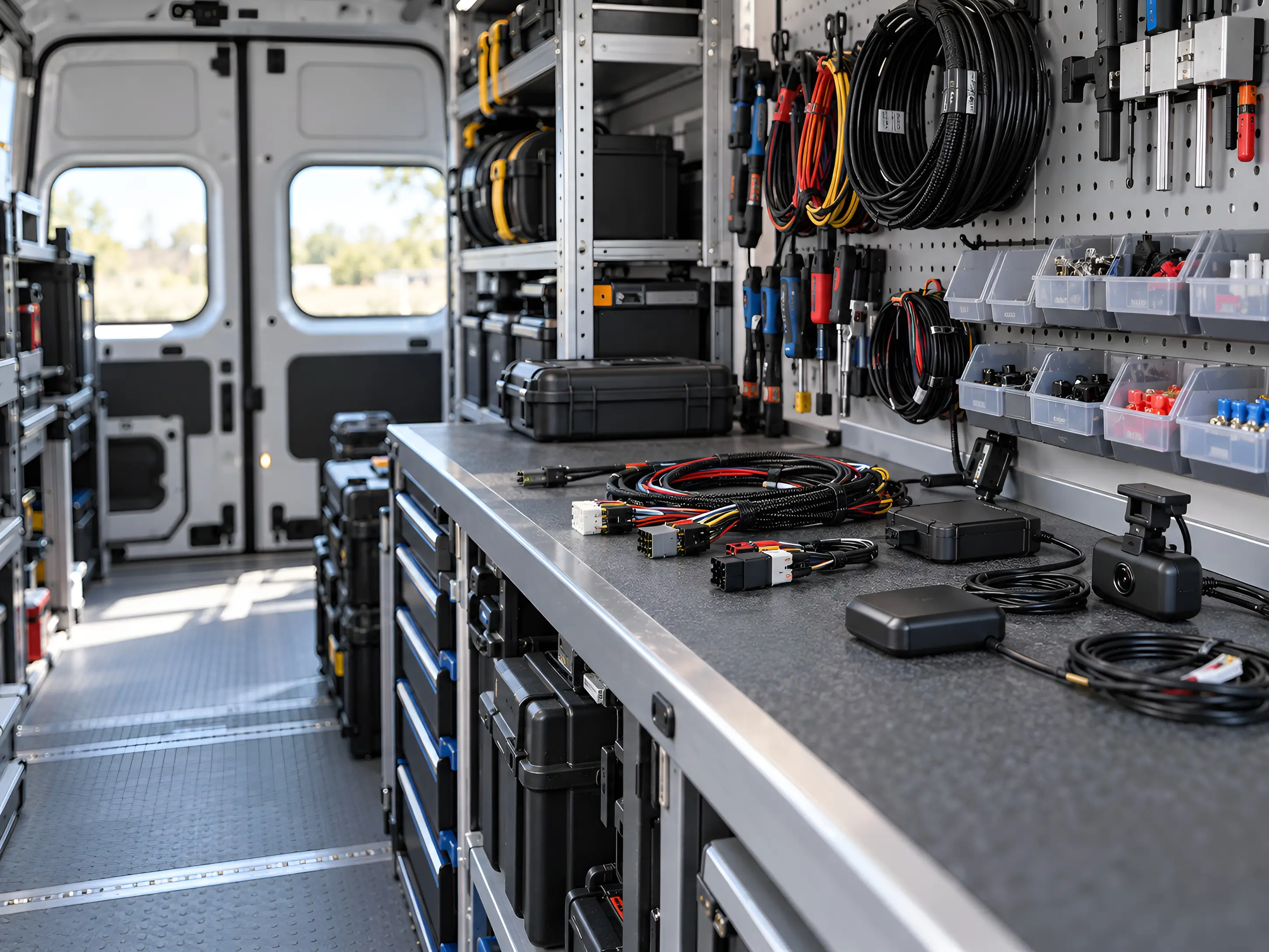 Organized van interior with a workbench holding wiring harnesses, a dashcam, and a GPS module, with cable spools, hand tools, and parts bins on the wall