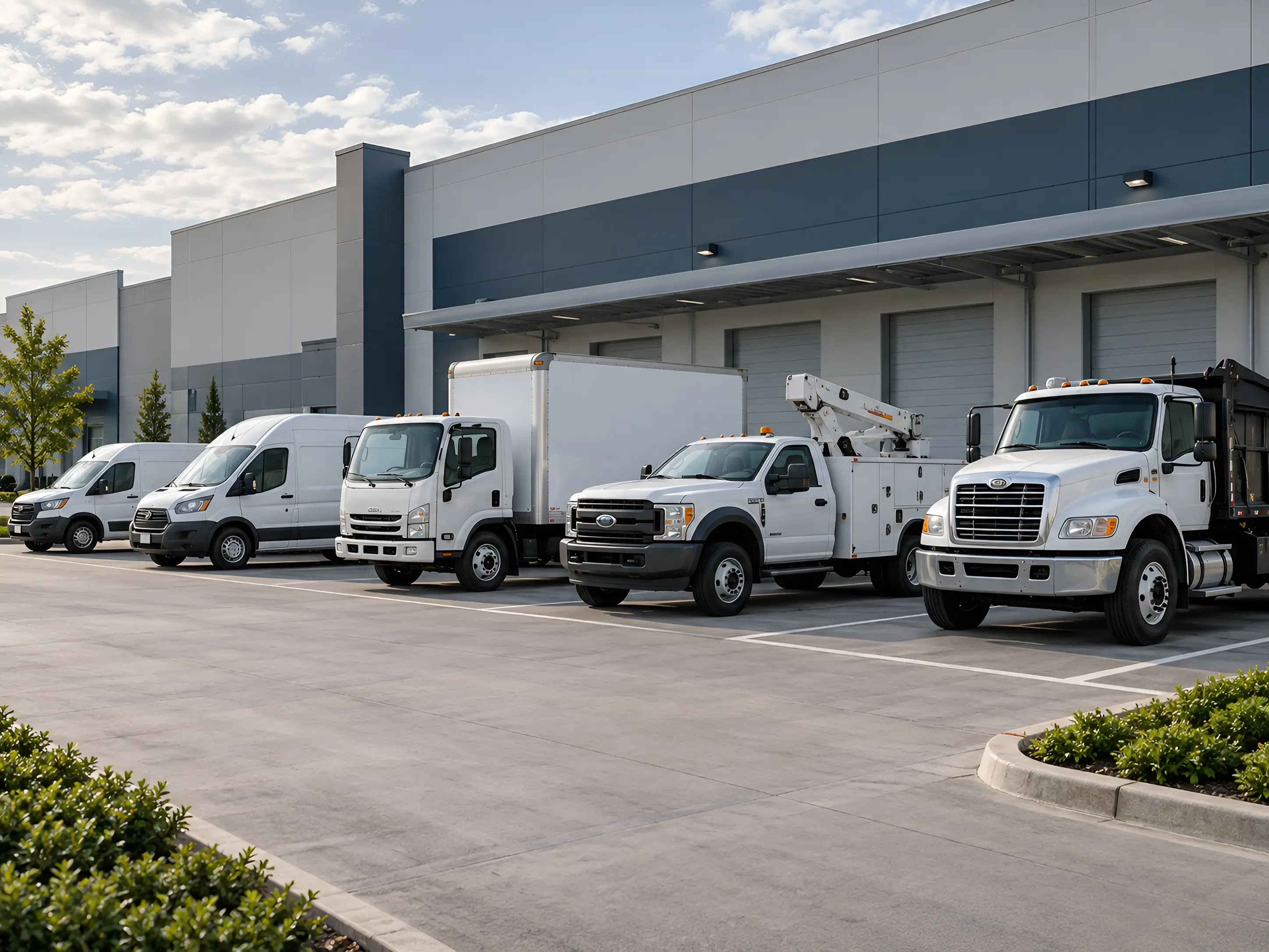 Commercial vans and trucks arranged in an organized fleet staging area