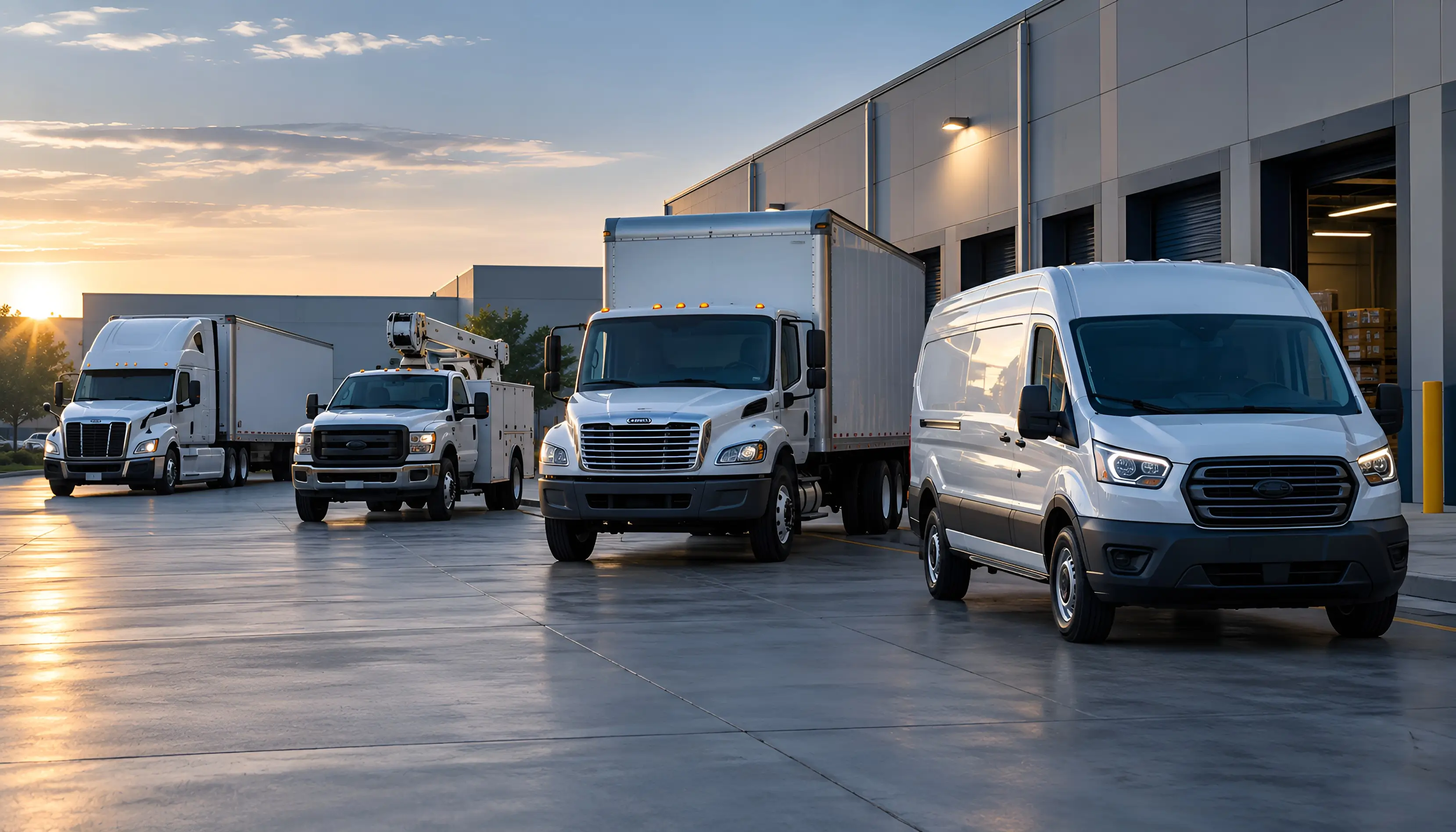 Commercial trucks and a van staged in a fleet yard at dusk