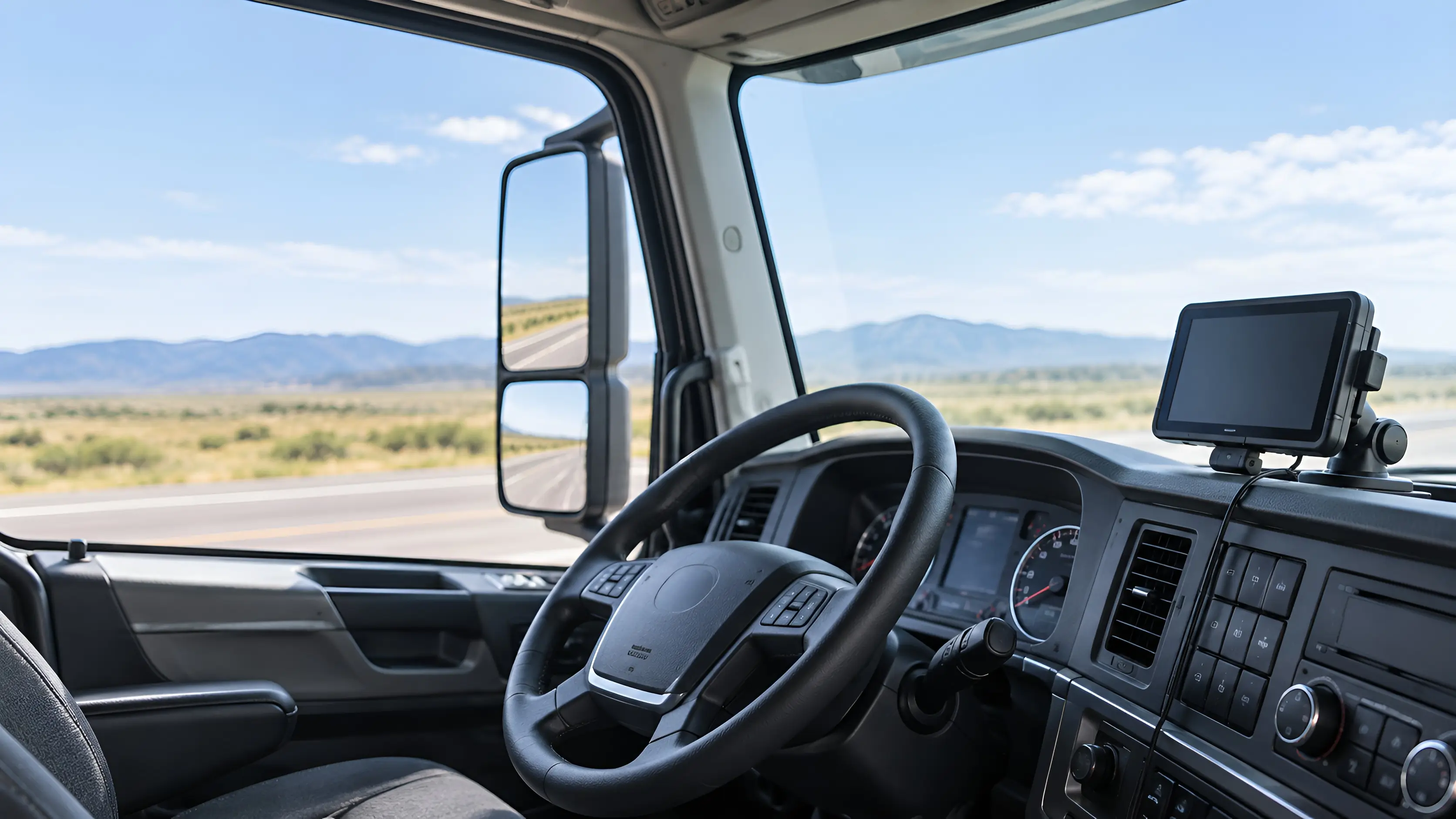 ELD device mounted near the dashboard inside a commercial truck cab