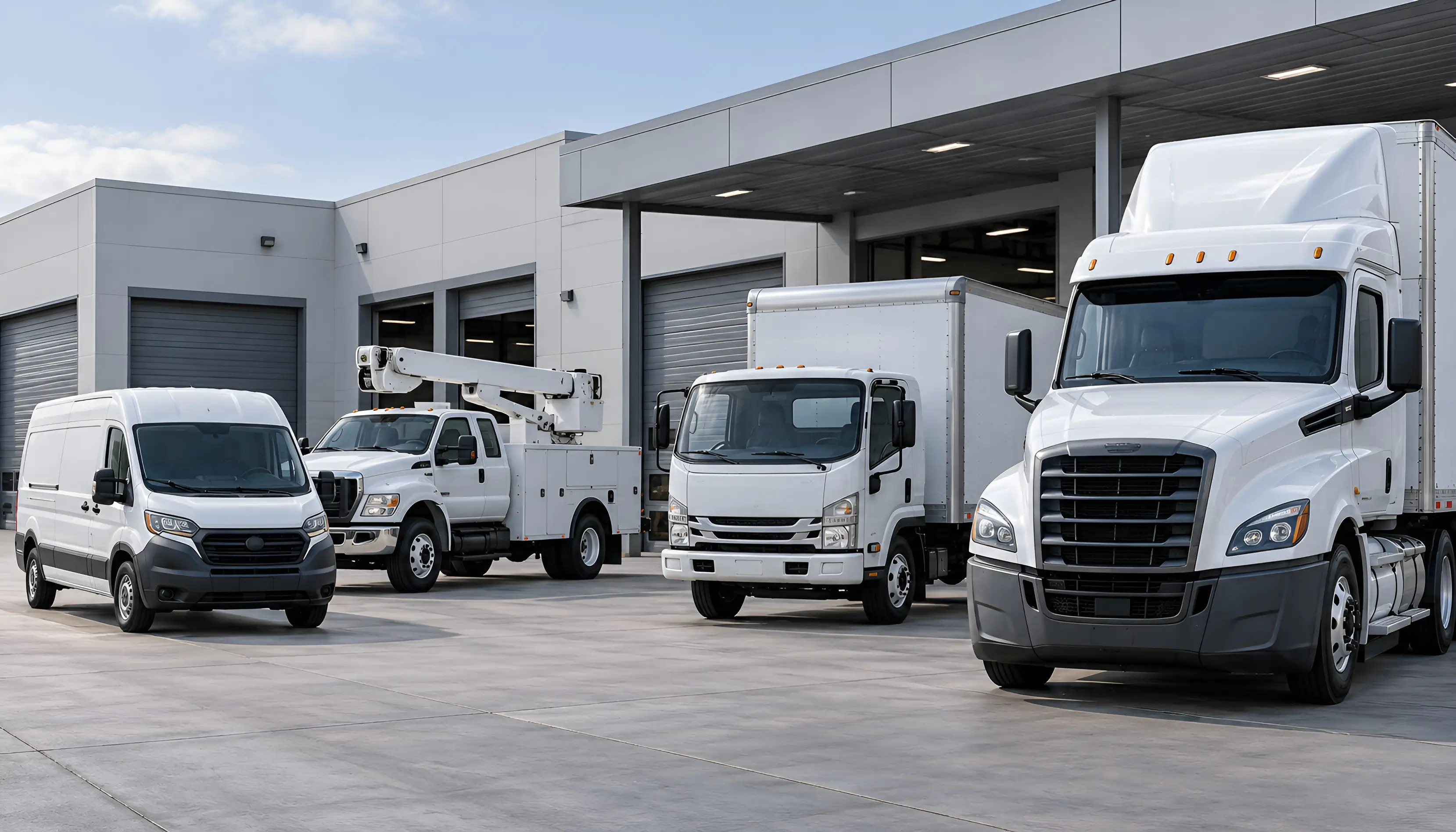 Commercial fleet vehicles parked outside a commercial facility