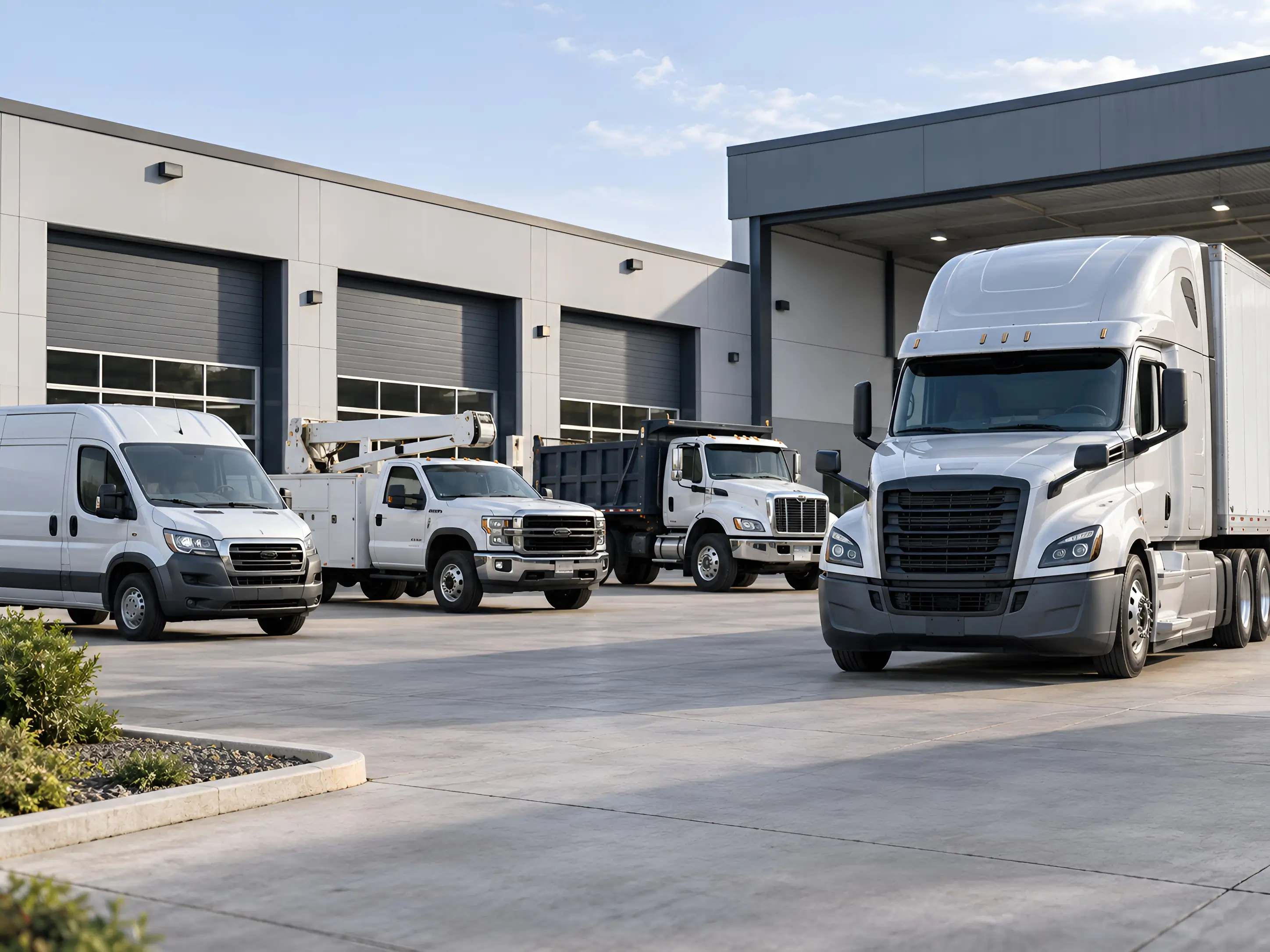 Commercial fleet vehicles staged for an on-site installation project